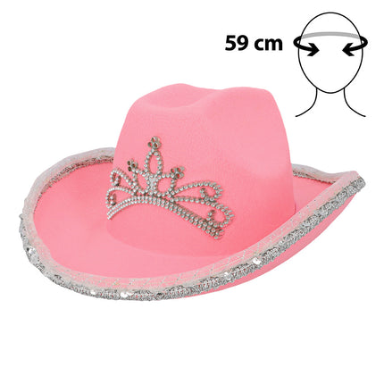 LED cowboyhoed Glimmer roze van voren, met zilverkleurige tiara van steentjes en paillettenrand