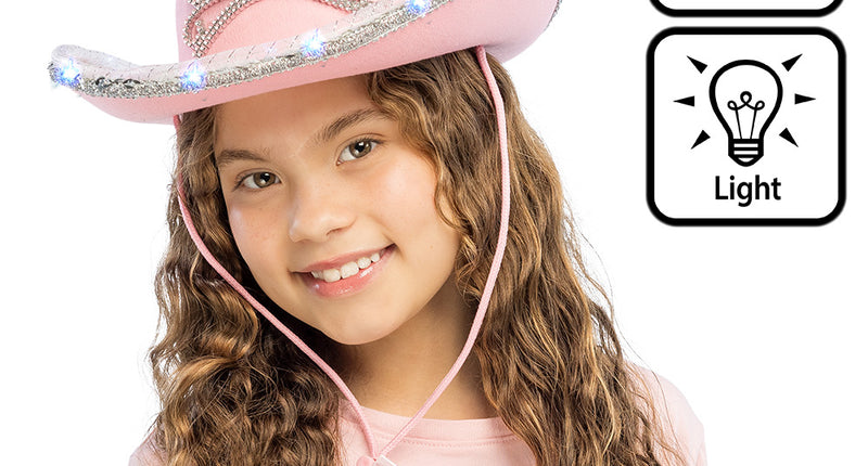 LED cowboyhoed kind Glimmer roze met brandende ledlampjes in de strasstiara, gedragen door een meisje