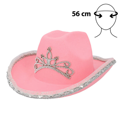 LED cowboyhoed kind Glimmer roze met zilveren tiara en pailletrand, hoofdomtrek 56 cm