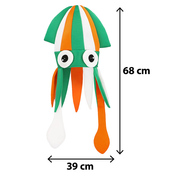 LED inktvis hoed Paddy van 68 cm hoog en 39 cm breed, met tentakels in groen, wit en oranje