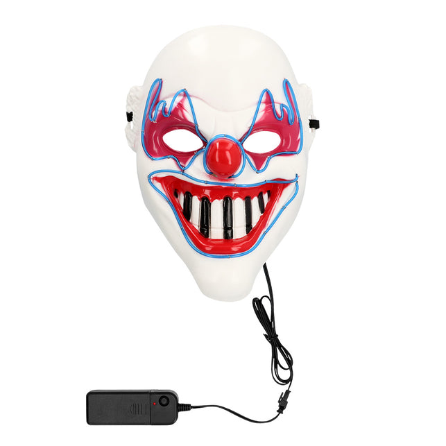 LED masker Clown horror met blauw brandende lijnen en zwart batterijkastje met drukknop aan een snoer