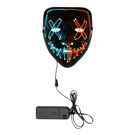 LED masker Killer smile duo verlicht met gekruiste ogen en dichtgenaaide grijns, met kabel en batterijkastje