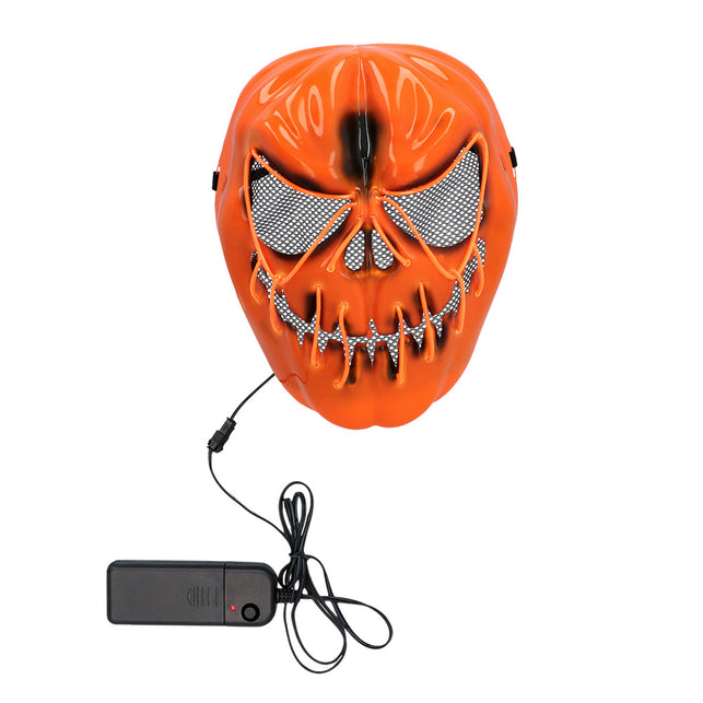 LED masker Pompoen oranje vooraanzicht met grijs gaas in ogen en mond en zwart batterijkastje aan snoer