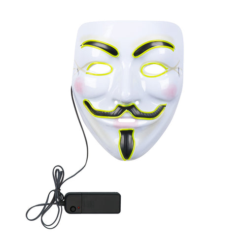 LED masker Protest van voren: wit volgelaatsmasker met snor, sikje en snoer naar de batterijhouder