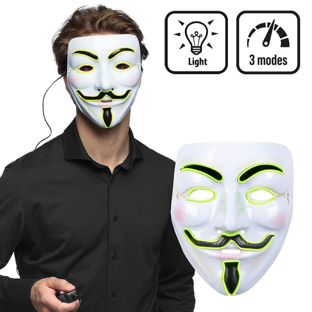 LED masker Protest wit met neongele lichtdraad en zwarte snor, gedragen met batterijhouder in de hand
