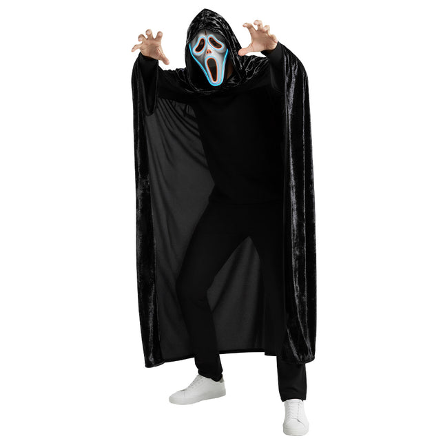 LED masker Spook wit met blauw oplichtende rand, gedragen als griezelig spook tijdens Halloween