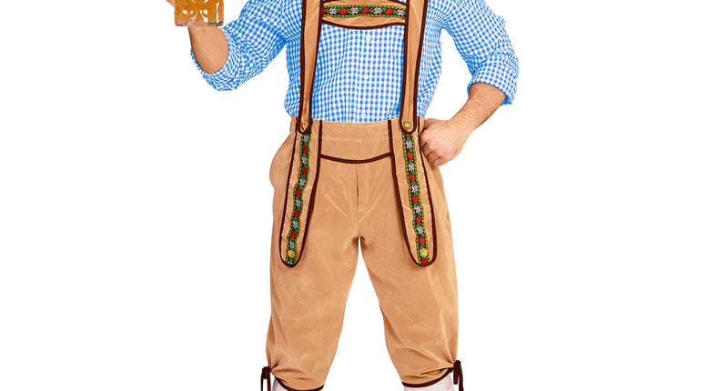 Lederhose Beiers beige met bruine biezen en bloemensierband op de bretels voor Oktoberfest