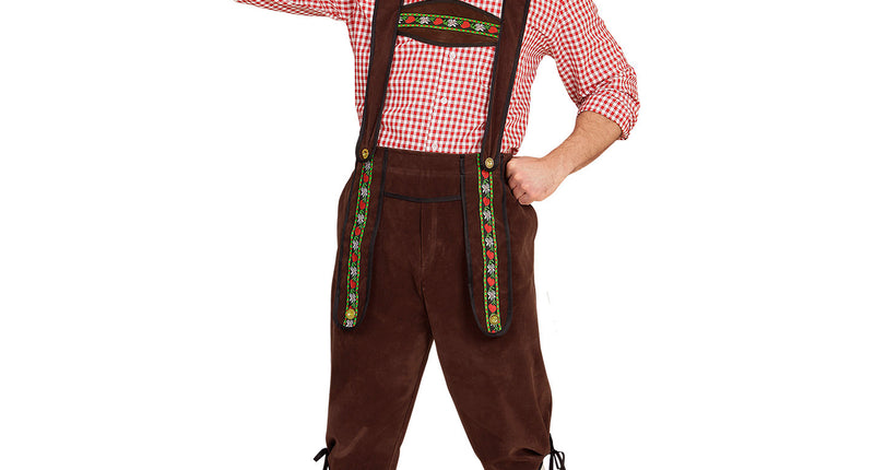 Lederhose Beiers bruin met geborduurde bretels en veters bij de knie, voor Oktoberfest