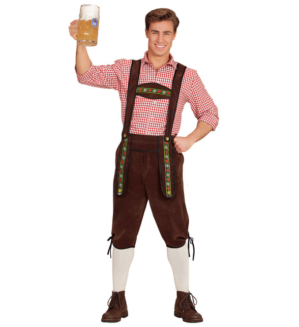 Lederhose Beiers bruin met geborduurde bretels en veters bij de knie, voor Oktoberfest