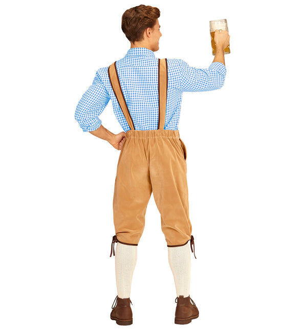 Lederhose beige achterzijde met elastische tailleband en gekruiste bretels