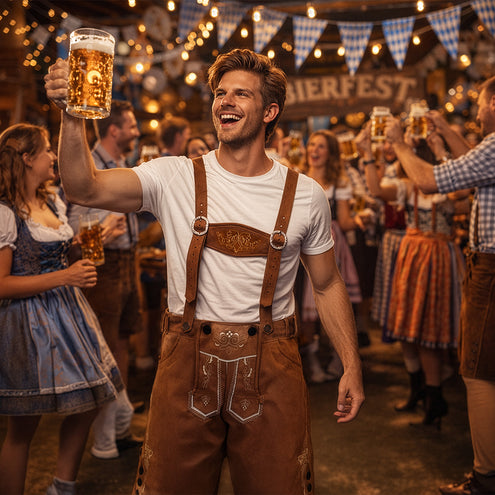 Lederhose Fritz bruin gedragen in een Bierfest-tent met bierpul en blauw-witte vlaggetjes