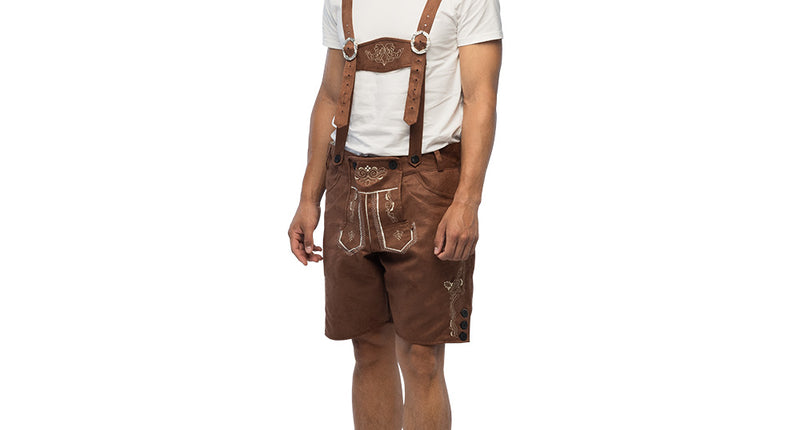Lederhose Fritz heren bruin, knielange Tiroler broek met witte borduursels voor Oktoberfest