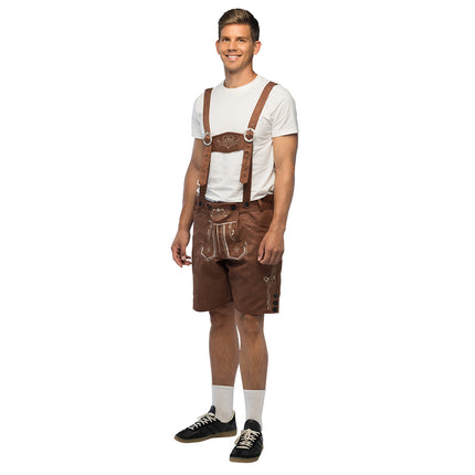 Lederhose Fritz heren bruin, knielange Tiroler broek met witte borduursels voor Oktoberfest