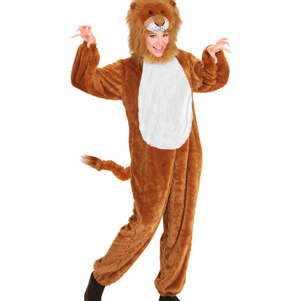 Leeuwen kostuum Lou op dame, lange bruine pluche jumpsuit met witte buikpartij voor een dierenfeest