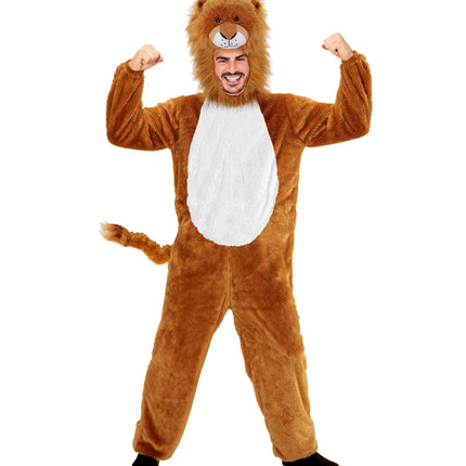 Leeuwenpak Lou op heer, bruine pluche jumpsuit met leeuwensnuit op de capuchon en staart