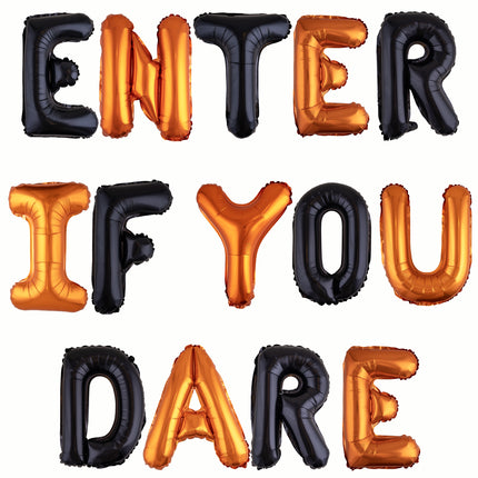 Letterballonnen Halloween met de tekst Enter If You Dare in oranje en zwart folie van 41 cm