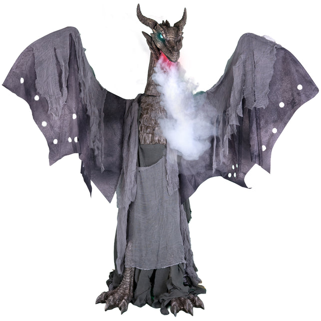 Levensgrote draak animatronic van 187 cm met rookwolk langs de geschubde nek en gescheurde vleugels