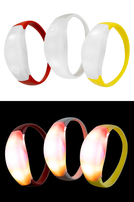 Lichtgevende armbanden in rood, wit en geel met witte lichtkap, boven uit en onder oplichtend