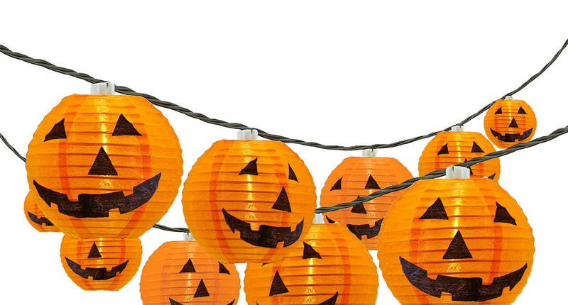 Lichtslinger 10 pompoenen met oranje lampions en zwarte grijnsgezichten, brandend warm ledlicht voor Halloween