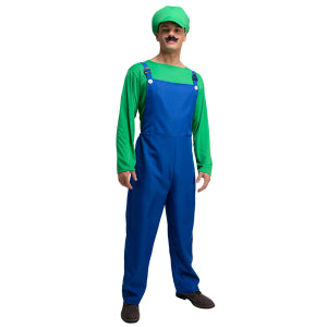 Luigi kostuum volwassenen gedragen door model, blauwe tuinbroek met bretels en gespen over groen shirt