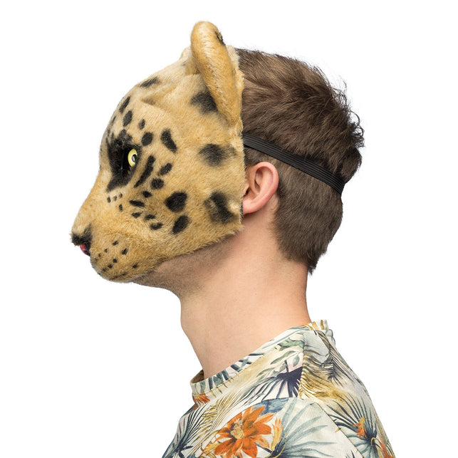 Luipaard dierenmasker zijaanzicht met zwart elastiek achter het hoofd
