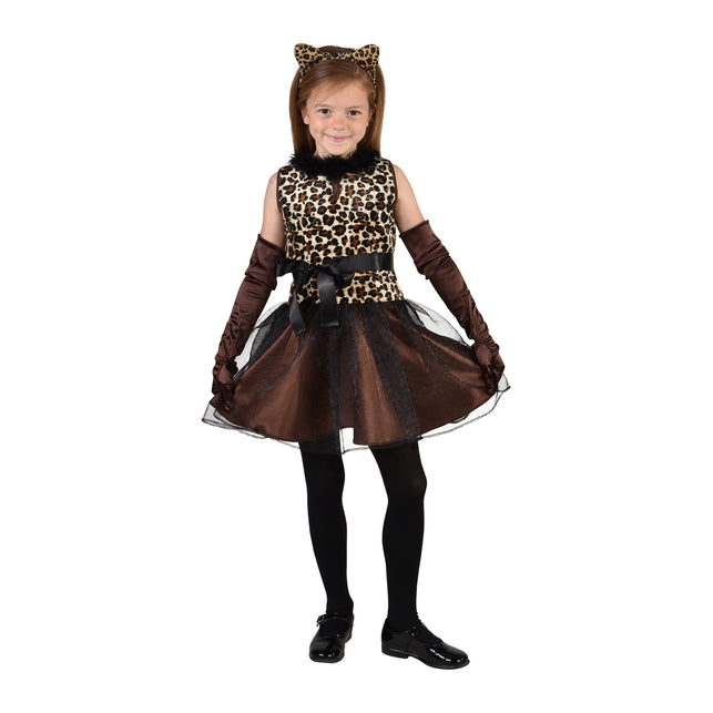 Luipaard jurkje kind Emily met luipaardprint lijfje, zwarte bontkraag en bruin-zwarte tulerok voor carnaval