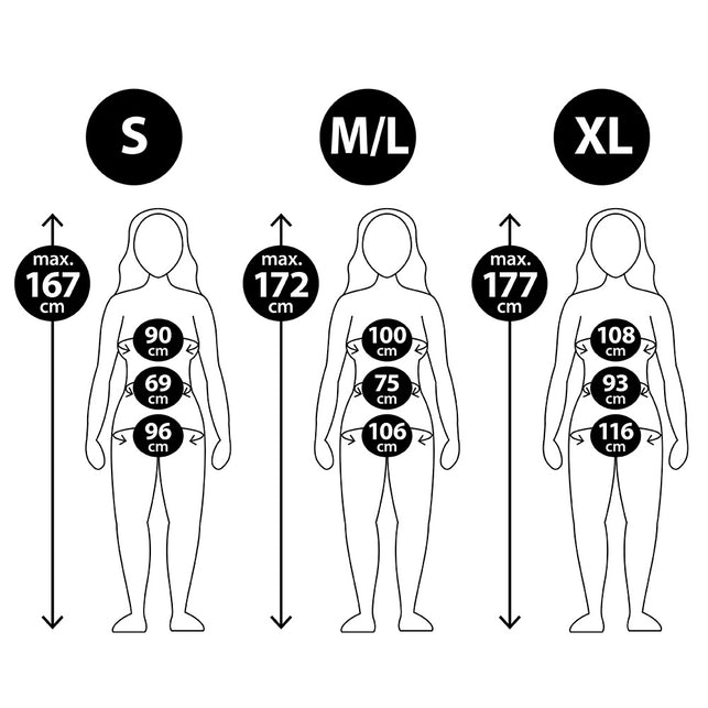 Maattabel bruid kostuum dames in S, M-L en XL met lichaamslengte en borst-, taille- en heupomvang