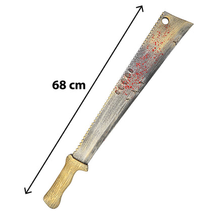 Machete Butcherfang van 68 cm met zaagtandrug, rond gat bij de punt en handvat met houtnerf