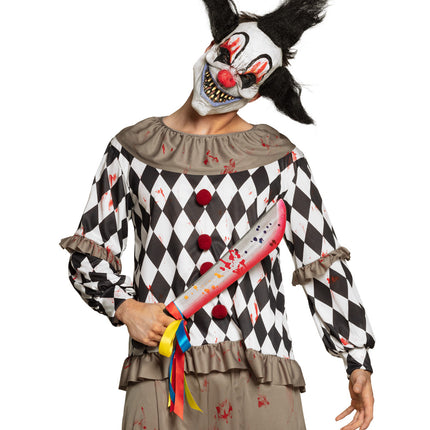 Machete horror clown van 53 cm in de hand bij een geruit clownskostuum, voor Halloween