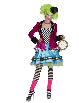 Mad Hatter pak dames met fuchsia jas, gestreept lijfje en lichtblauwe rok, voor carnaval
