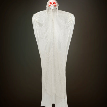 Magere hein decoratie 240cm hangend in het donker, wit gewaad met rode ogen, voor Halloween