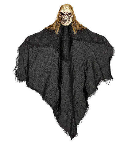 Magere Hein decoratie 50cm met zwart rafelig gewaad en beige schedelkop voor Halloween