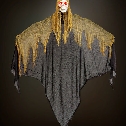 Magere Hein hangdeco hangend in het donker met okergele cape en rode ogen