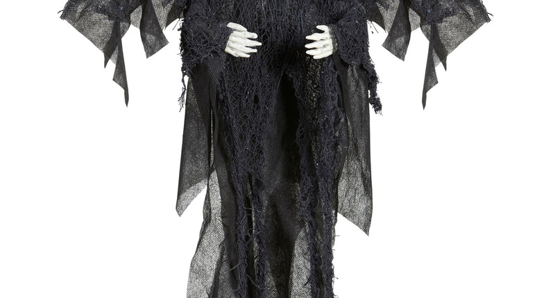 Magere Hein hangdecoratie in zwart gaas met uitgespreide vleugels en witte schedel, voor Halloween