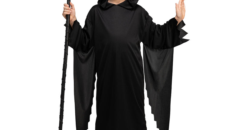 Magere hein kostuum kinderen, zwart gewaad met punt kap en gekartelde mouwen voor Halloween