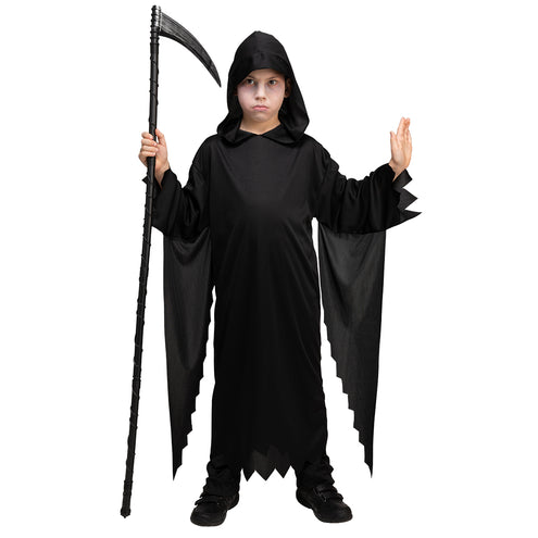 Magere hein kostuum kinderen, zwart gewaad met punt kap en gekartelde mouwen voor Halloween