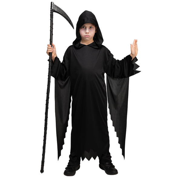 Magere hein kostuum kinderen, zwart gewaad met punt kap en gekartelde mouwen voor Halloween