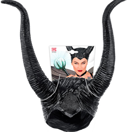 Malefica hoofddeksel dames met verpakking en glanzende zwarte hoorns