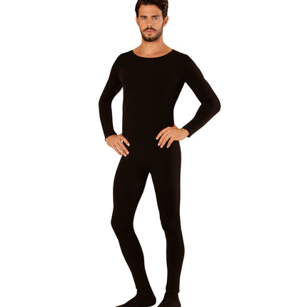 Man in bodysuit zwart heren met voeten en lange mouwen, handen in de zij