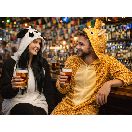 Man in pluche giraffepak met capuchon op aan de bar tijdens een feestavond