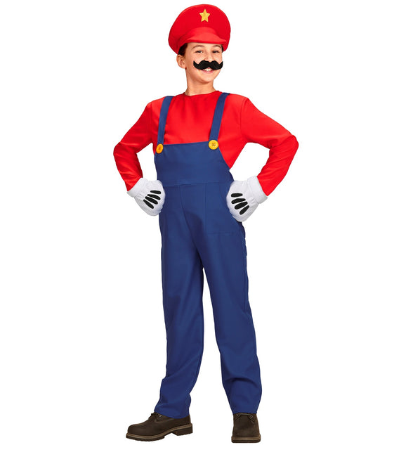 Mario de loodgieter tuinbroek kids: blauwe overall met gele knopen, rood shirt en rode muts met ster