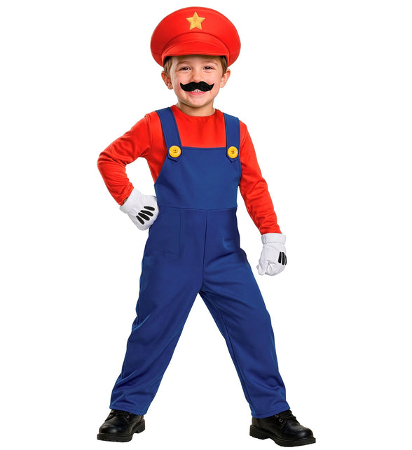 Mario tuinbroek voor kids gedragen door jong kind, blauwe overall met rood shirt en rode pet