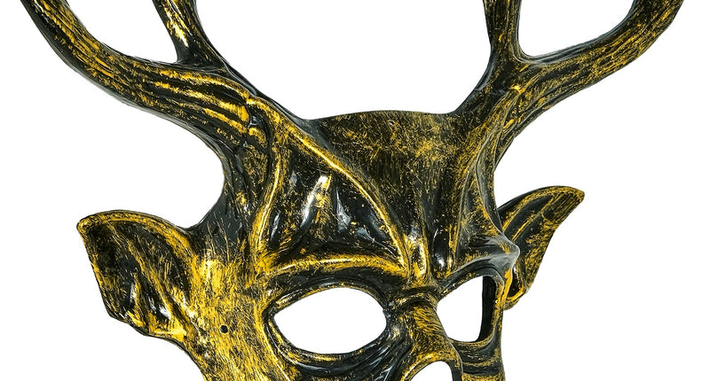 Masker Baphomet zwart met gouden veegwerk en getakt gewei, hard kunststof oogmasker