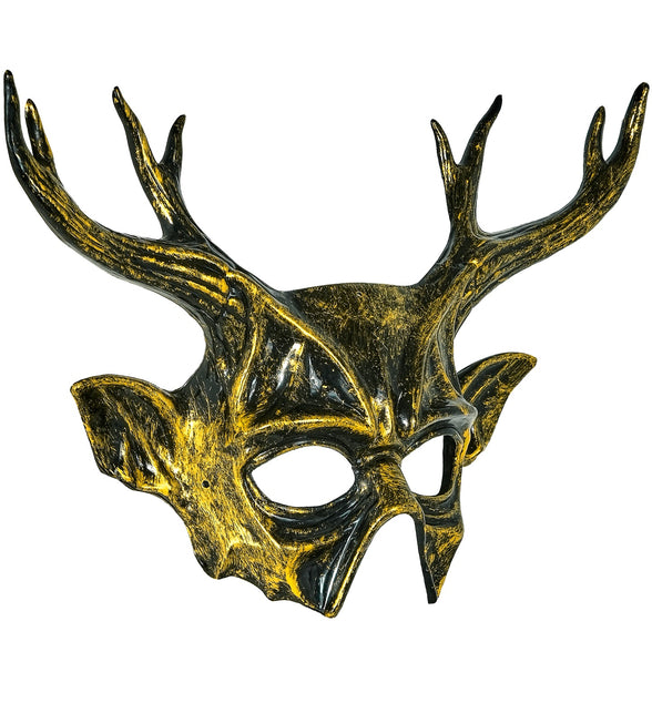 Masker Baphomet zwart met gouden veegwerk en getakt gewei, hard kunststof oogmasker