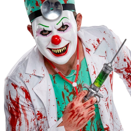 Masker boze clown latex gedragen bij horrordokterlook, geel gebit zichtbaar
