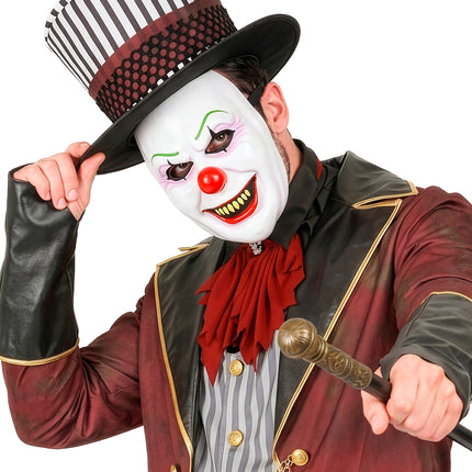 Masker boze clown latex bij hoge hoed en circusjas, wit gezicht met rode mond