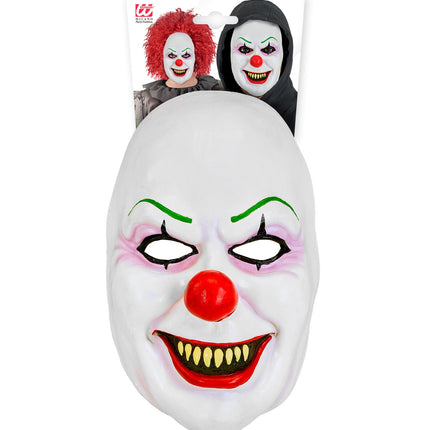 Masker boze clown latex in verpakking van Widmann, wit gezichtsmasker met rode grijns