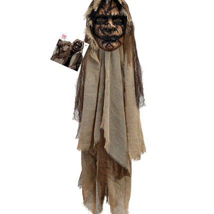 Masker met cape demonen heren, volledige lengte van de rafelige jutekleurige cape
