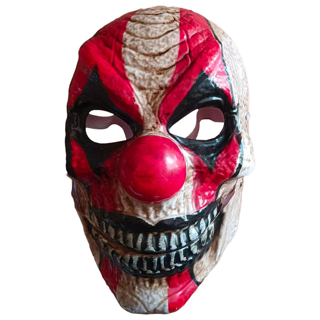 Masker clown van pvc met rood-wit gezicht, rode bal-neus en grijnzende tanden voor Halloween