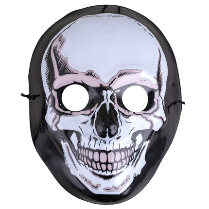 Masker doodskop blauw licht uit, witte schedelprint op zwart pvc met koordjes